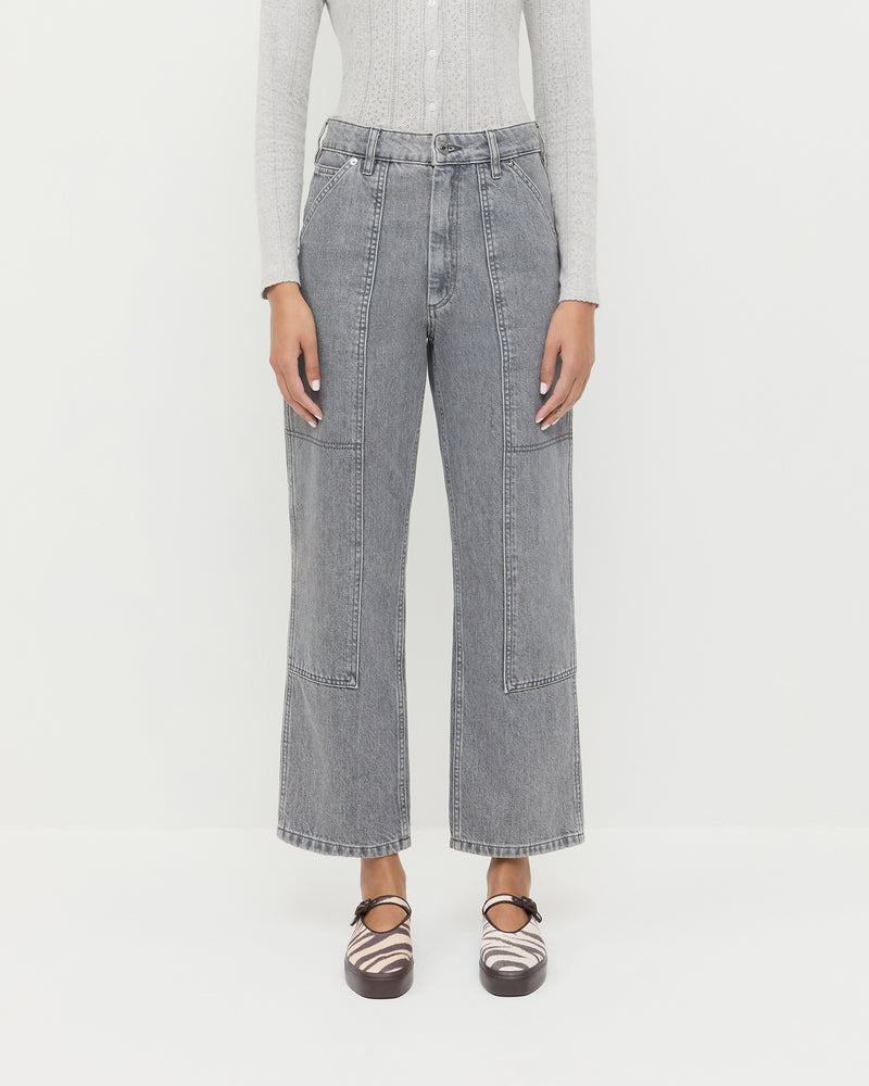 Molly Workwear Jean in grey denim, Ash Pointelle Cardigan in grey cotton, and Cooper Zebra Mary Jane Sneaker.