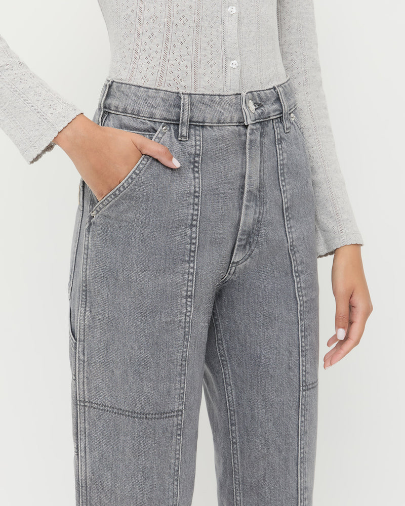 Molly Workwear Jean in grey denim and Ash Pointelle Cardigan in grey cotton.