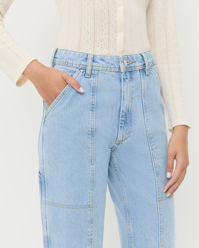 Molly Workwear Jean in light blue denim and Ash Pointelle Cardigan in cream cotton.