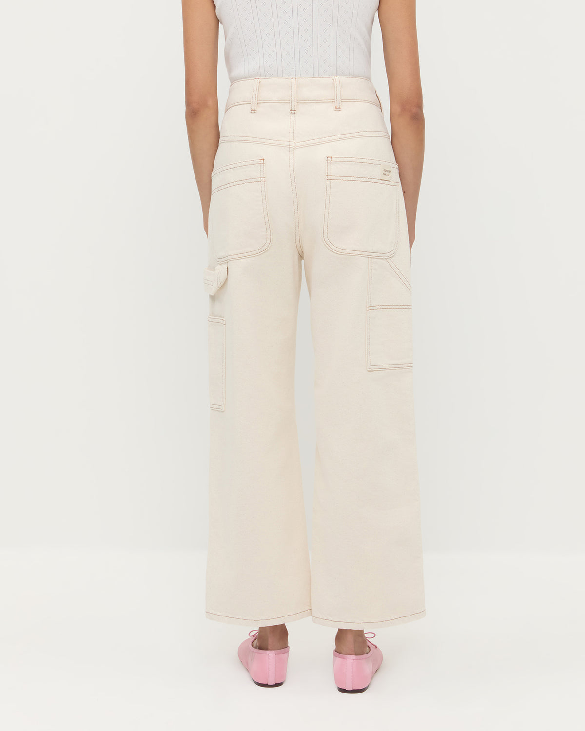 Molly Workwear Jean in natural denim, Rylee Pointelle Tank Top in grey cotton, and Landon Ballet Mesh Ballet Flat.