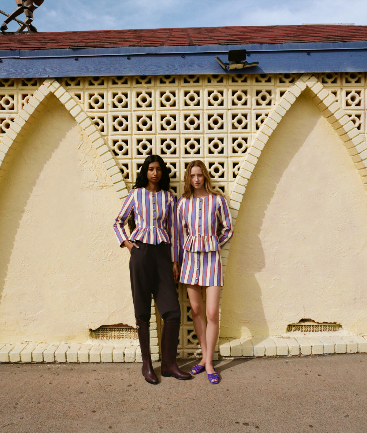 Sable Jacket in jewel and butter striped cotton-linen fabric, Vita Skirt in jewel and butter striped cotton-linen fabric, and Shelly Jewel Suede Flat Sandal - Loeffler Randall