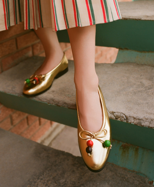 Emlyn Midi Skirt in tan, green, and red striped cotton and Noelle Champagne/Beads Ballet Flat - Loeffler Randall