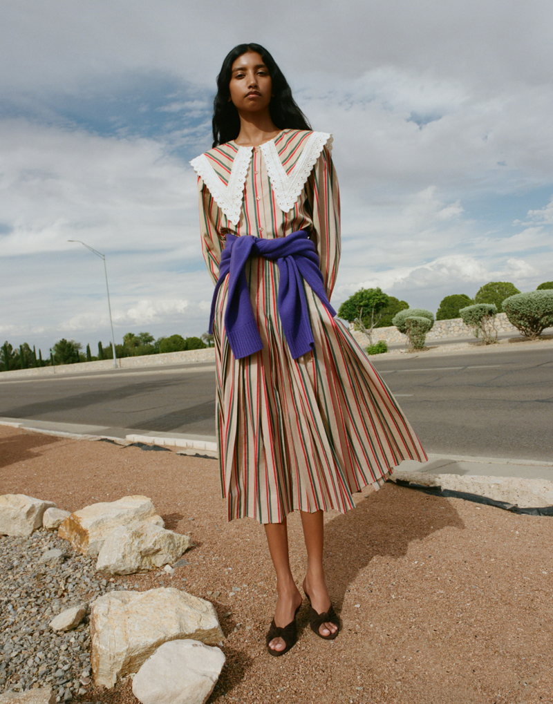Emlyn Midi Skirt in tan, green, and red striped cotton, Ken Shirt in tan, green, and red striped cotton, and Marsy Brown Suede Wedge Heel - Loeffler Randall