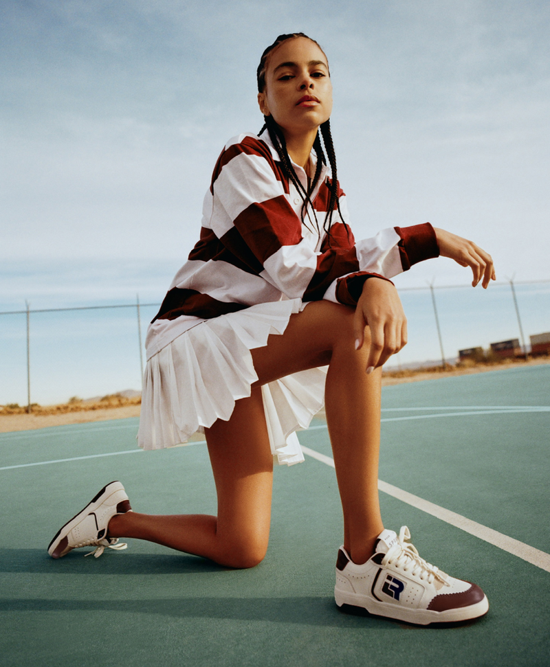 Evan Rugby Shirt in Maroon/Cream, Caroline Skirt in White, and Topspin Cream/Maroon Court Sneaker.