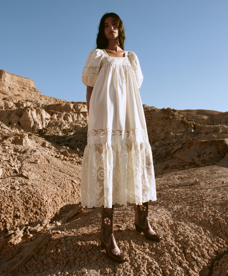 Jo Puff-Sleeve Dress in white cotton and Wilder Brown Leather Tulip Boot - Loeffler Randall