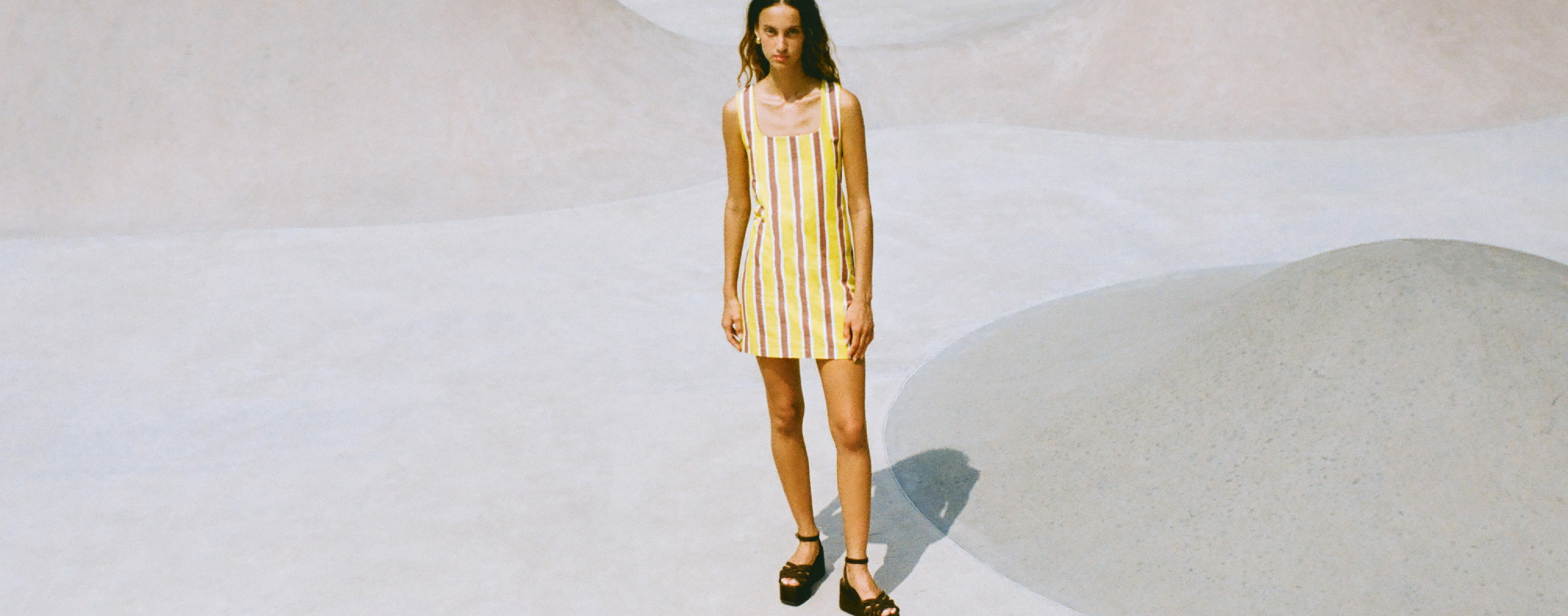 Havi Dress in yellow and brown cotton-linen and Channing Brown Suede Platform Sandal - Loeffler Randall