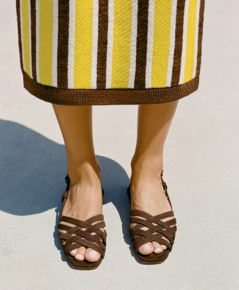 Ever Skirt in yellow and brown striped wool and Shelly Brown Suede Flat Sandal - Loeffler Randall