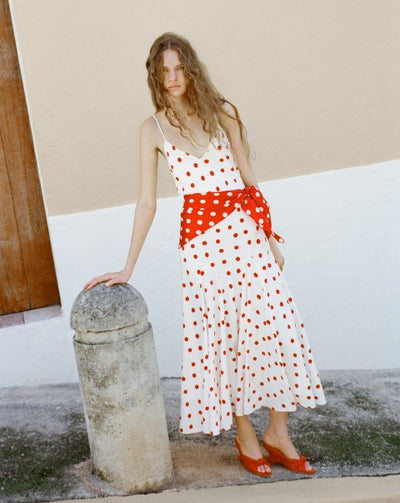 Nissa Dress in white and red polka dot silk and Marsy Red Leather Knot Wedge - Loeffler Randall