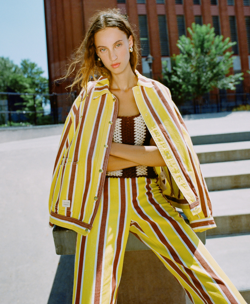 Miro Jacket in yellow and brown striped cotton-linen, Adela Top in brown and cream crochet cotton, and Pasha Pant in yellow and brown striped cotton-linen - Loeffler Randall