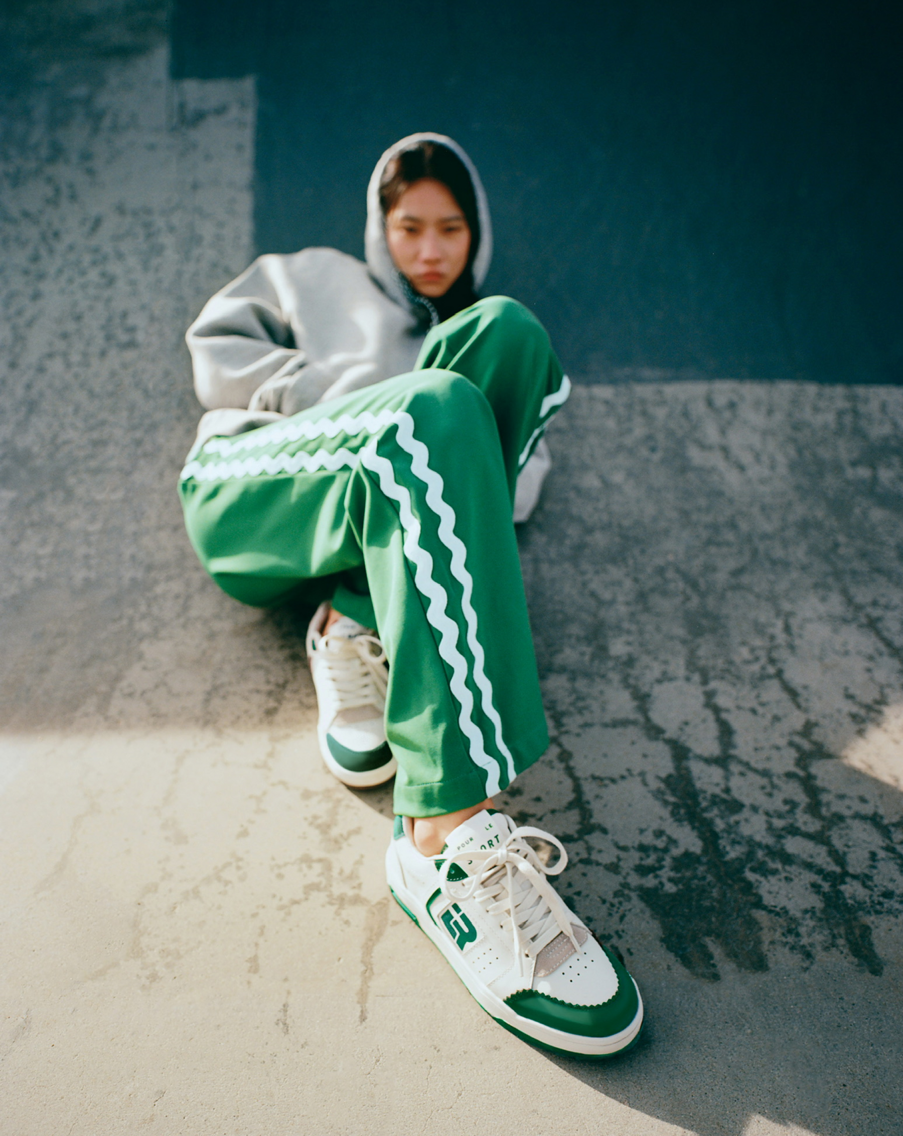 Nova Hoodie in Grey, Venus Pants in Green, and Topspin Cream/Green Court Sneaker.