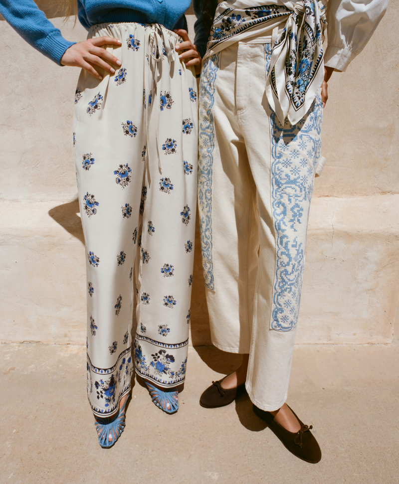 Esha Pant, Devon Cornflower Blue Slingback Sandal, Molly Workwear Jean in natural cotton with blue embroidery, and Noelle Brown Suede Ballet Flat - Loeffler Randall