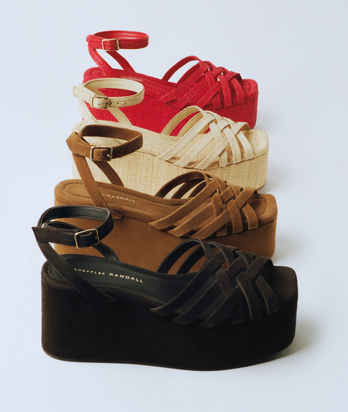 Channing Brown Suede Platform Sandal, Channing Cacao Suede Platform Sandal, Channing Natural Raffia Platform Sandal, and Channing Natural Raffia Platform Sandal - Loeffler Randall