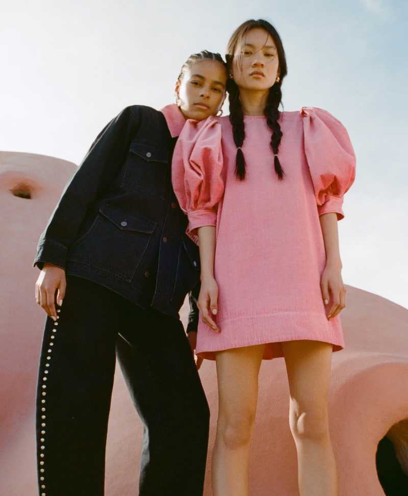 Willy Dress in Pink Corduroy, Rio Black Satin Kitten Heel, Quincy Jacket in Pink/Black, Winona Denim Barrel Pant in Washed Black, and Gemma Espresso Leather Lug Mule - Loeffler Randall