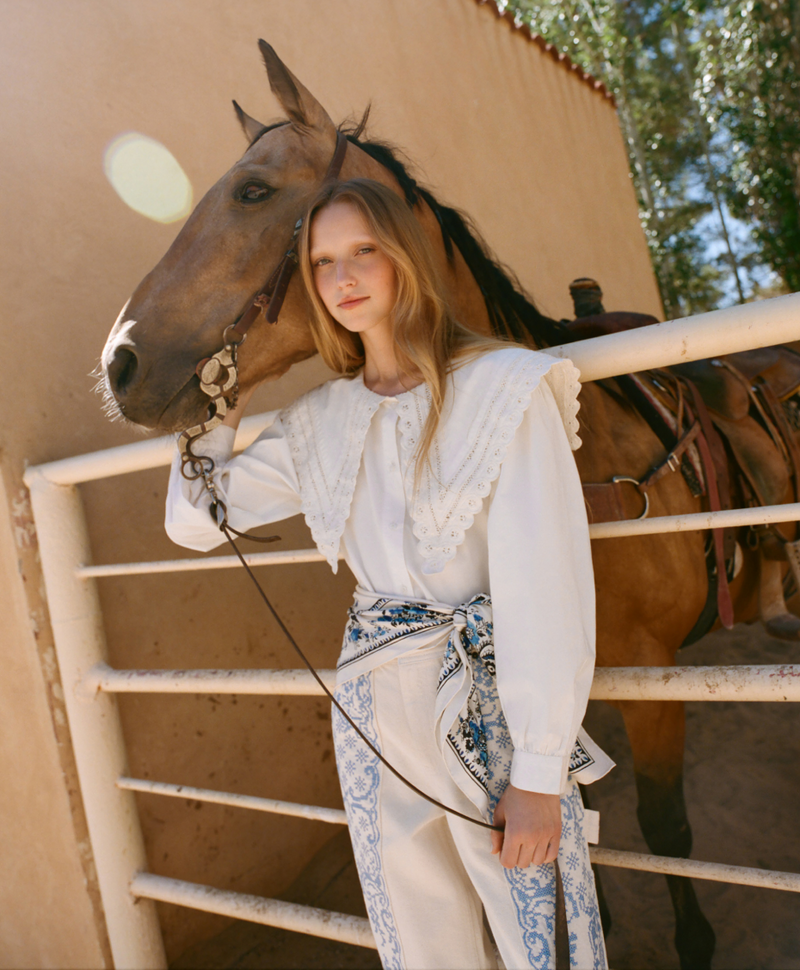 Ken Shirt in white cotton, Beverly Cream/Blue Silk Scarf, and Molly Workwear Jean in natural cotton with blue embroidery - Loeffler Randall