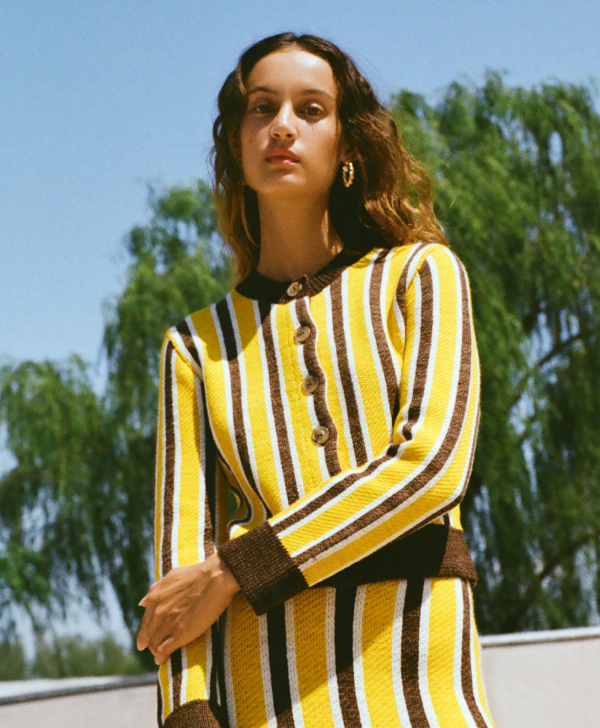 Matisse Cardigan in brown and yellow striped wool and Ever Skirt in brown and yellow striped wool - Loeffler Randall