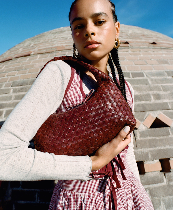 Mercer Maroon Woven Leather Shoulder Bag, Callista Vest in Maroon Gingham, and Lolo Pointelle Long Sleeve in Grey - Loeffler Randall