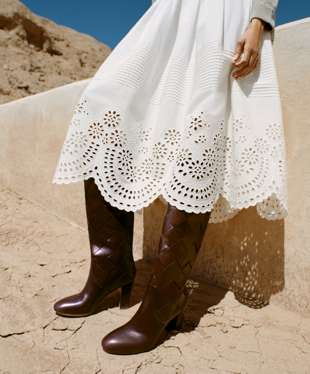 Goldy Espresso Woven Leather Tall Boot and Tinsley Skirt in white cotton - Loeffler Randall