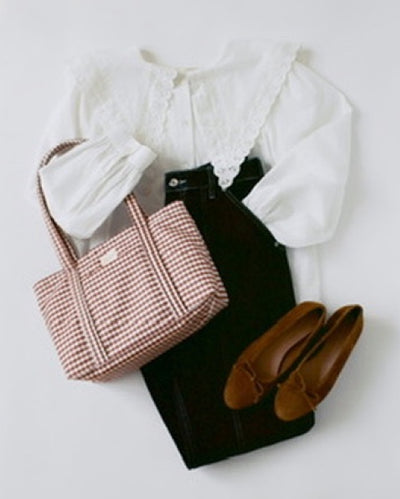 Ken Shirt in white cotton, Lyla Brown Gingham Essentials Tote, Demi Embroidered Pant in black denim, and Noelle Cacao Suede Ballet Flat - Loeffler Randall
