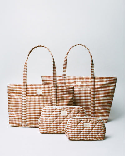 Dina Brown Gingham Travel Tote, Mira Brown Gingham Everyday Tote, Frances Brown Gingham Cosmetic Pouch, and Georgette Brown Gingham Mini Cosmetic Pouch - Loeffler Randall