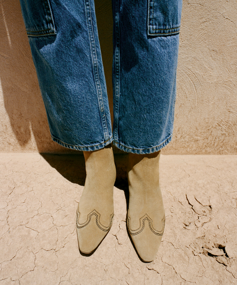 Molly Workwear Jean in medium washed denim, and Aspen Sand Suede Ankle Boot - Loeffler Randall