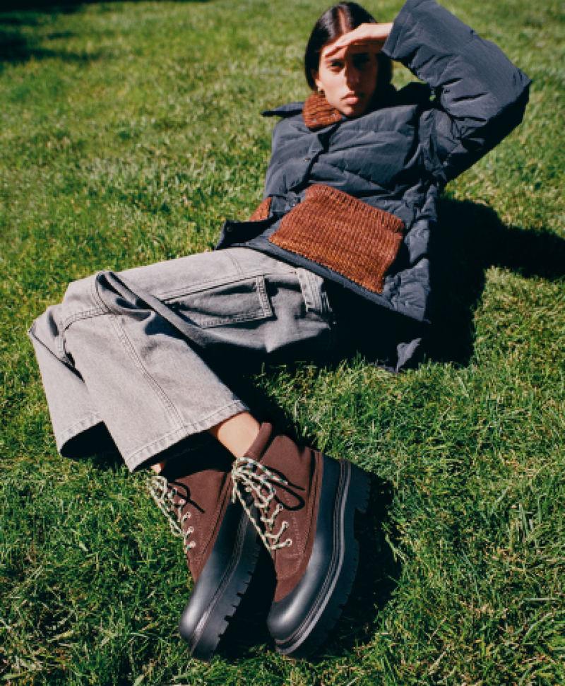 Remy Brown Suede Lug Boot, Molly Workwear Jean in grey denim, and Pippa Puffer Coat in navy nylon and brown wool - Loeffler Randall