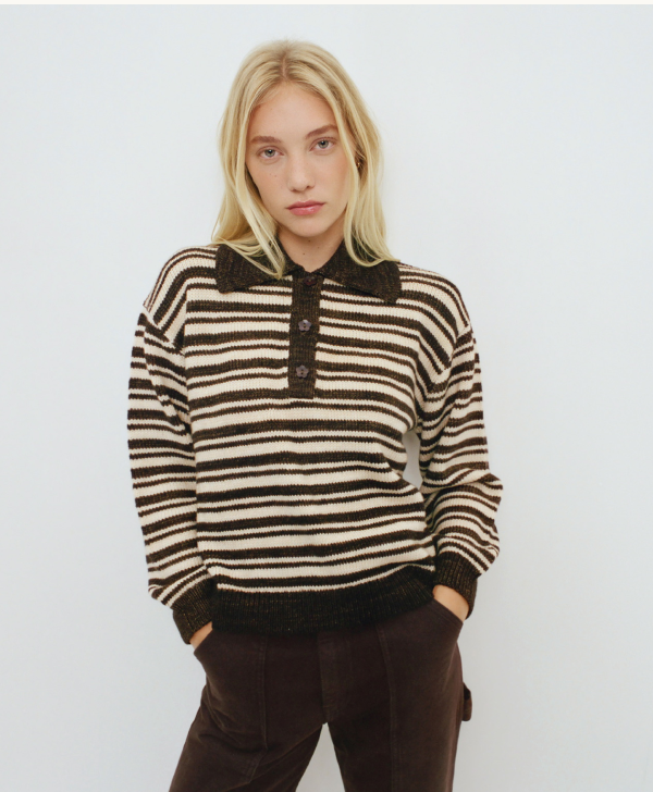 Sammy Sweater in brown and cream striped wool and Molly Workwear Jean in brown denim - Loeffler Randall