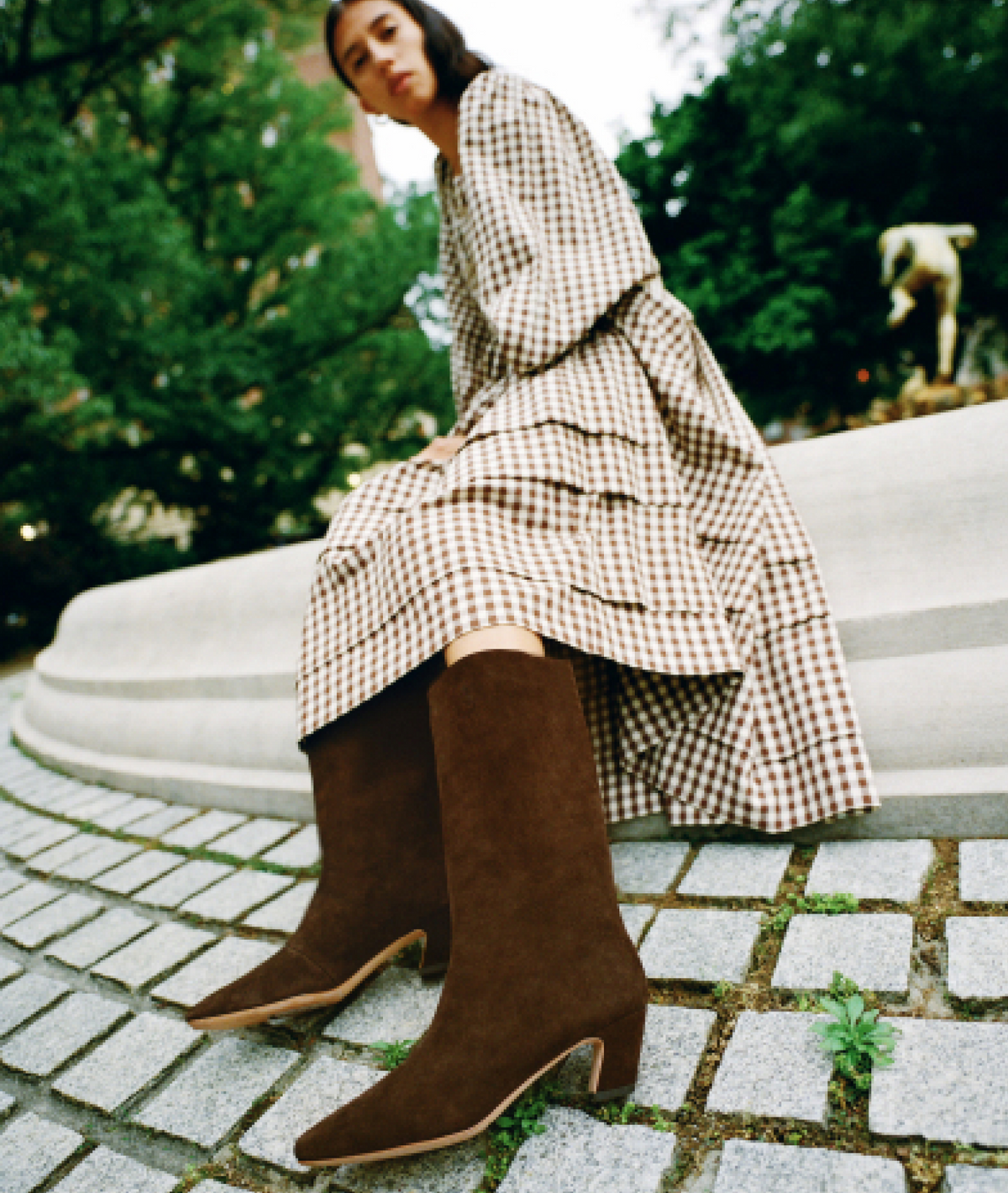 Diane Dress in brown gingham cotton and Cleo Brown Suede Mid-Calf Boot - Loeffler Randall