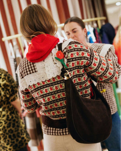 Idris Intarsia Cardigan in brown and red floral wool and Morgan Brown Suede Shoulder Bag - Loeffler Randall