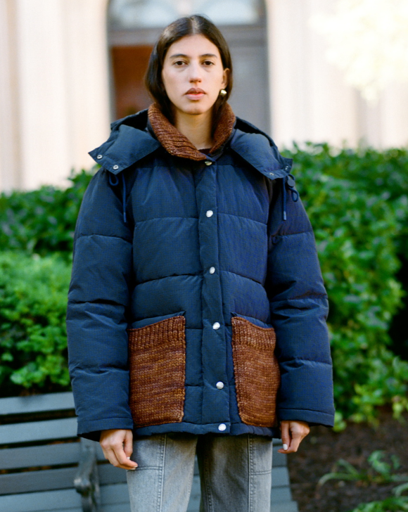 Pippa Puffer Coat in navy nylon and brown wool and Molly Workwear Jean in grey denim - Loeffler Randall