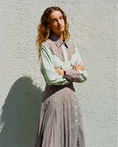 Casey Shirt in mint green and brown gingham cotton and Emlyn Midi Skirt in brown gingham cotton - Loeffler Randall