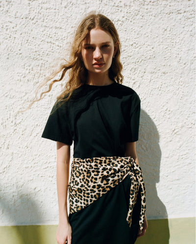 Rooney Scarf Dress in black cotton with a leopard print silk scarf - Loeffler Randall