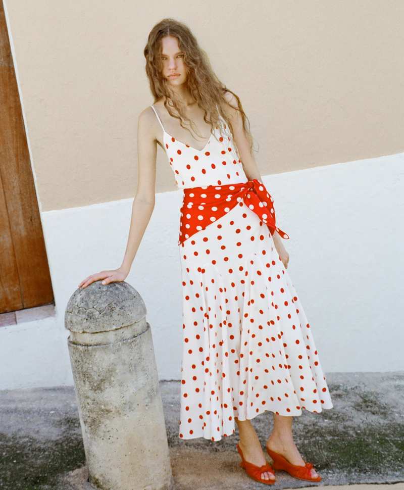 Nissa Dress in white and red polka dot silk and Marsy Red Leather Knot Wedge - Loeffler Randall