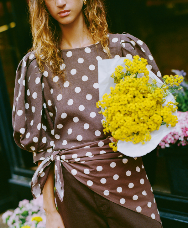 Waverly Top in brown and cream linen polka dots - Loeffler Randall