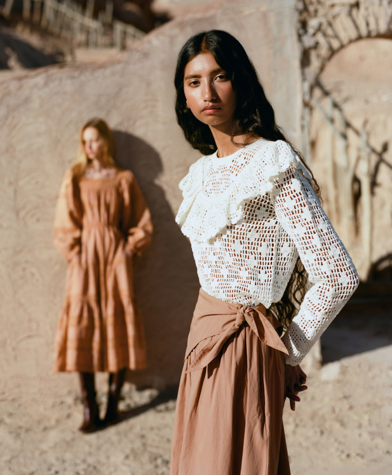Perrin Dress in light brown cotton, Abigail Top in cream crocheted cotton, and Peyton Skirt in light brown cotton - Loeffler Randall