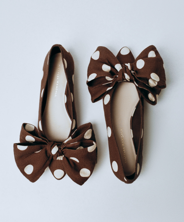 Noa Brown/Cream Linen Bow Flat in brown and cream linen polka dots - Loeffler Randall