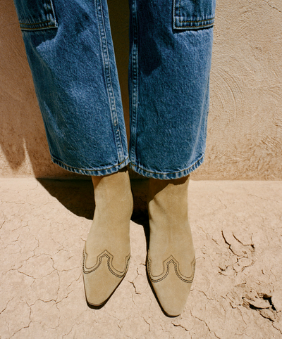Molly Workwear Jean in medium washed denim, and Aspen Sand Suede Ankle Boot - Loeffler Randall