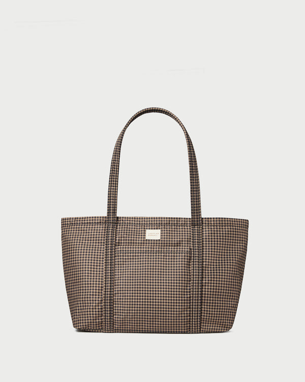 Mira Brown/Black Check Everyday Tote in brown and black check water resistant nylon.