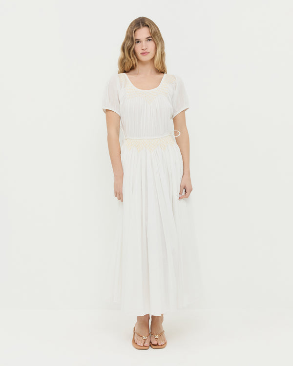 Nadya Dress in cream cotton and Odessa Dune Leather Heeled Sandal.