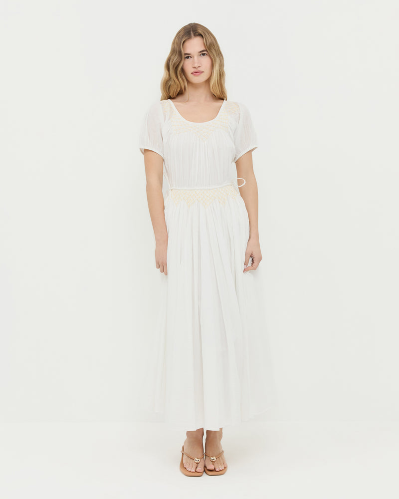 Nadya Dress in cream cotton and Odessa Dune Leather Heeled Sandal.