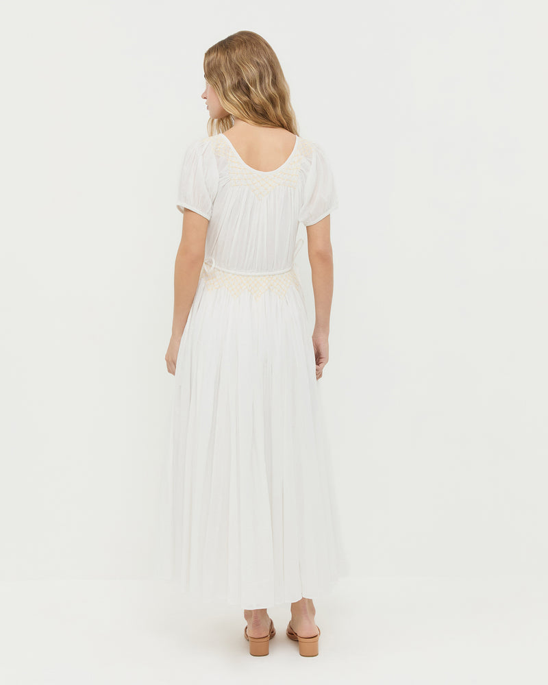 Nadya Dress in cream cotton and Odessa Dune Leather Heeled Sandal.