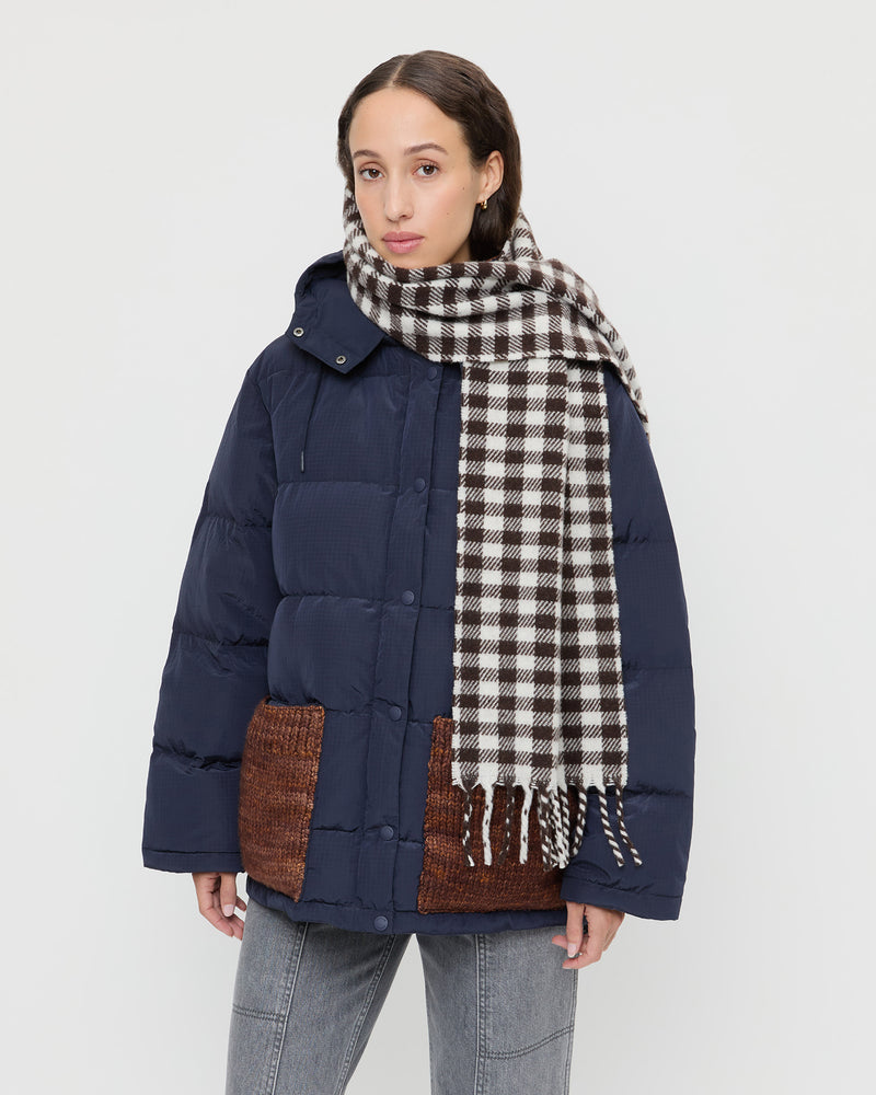 Nara Brown/Grey Gingham Scarf in brown and grey gingham wool and Pippa Puffer Coat in navy nylon and brown wool.