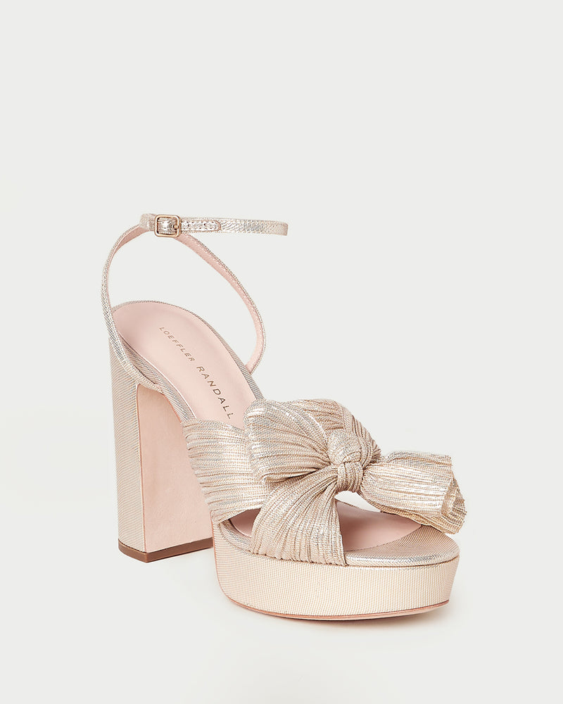 Natalia Platinum Platform Bow Heel in light champagne fabric