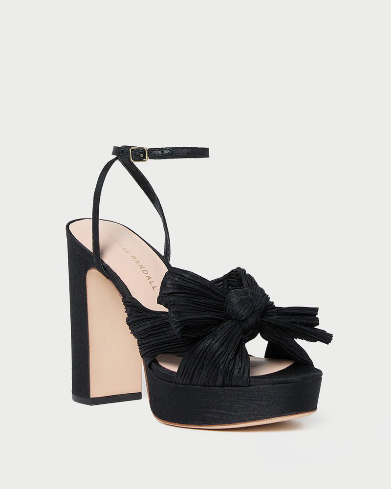 Natalia Black Platform Bow Heel in black pleated organza fabric.