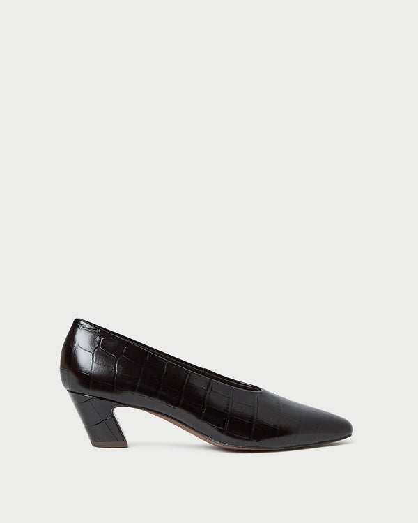 Neive Crocodile Leather Low Pump in black crocodile embossed leather.