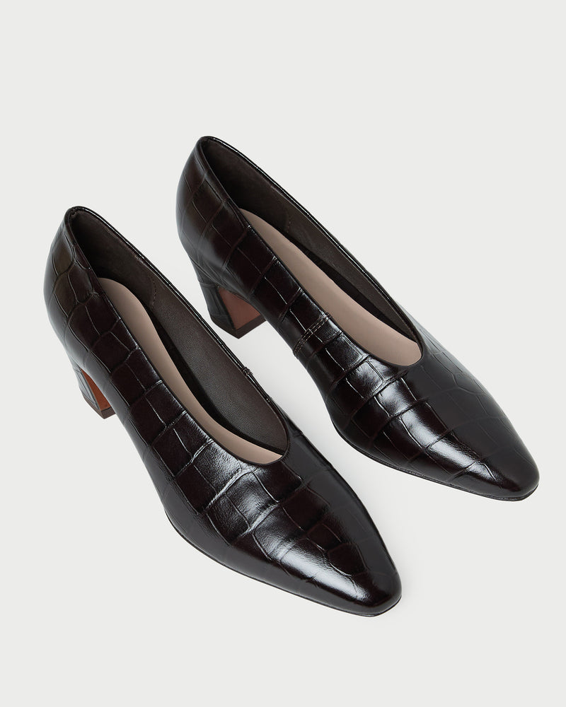 Neive Crocodile Leather Low Pump in black crocodile embossed leather.