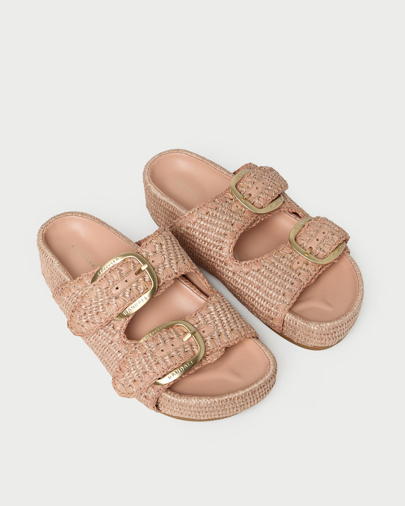Nico Blush Two-Band Platform Sandal in blush pink woven cotton fabric.
