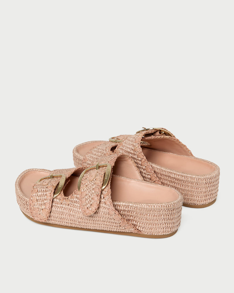 Nico Blush Two-Band Platform Sandal in blush pink woven cotton fabric.