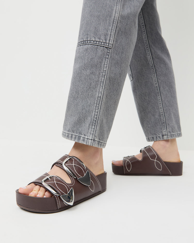 Nico Espresso Two-Band Platform Sandal in espresso brown leather and Molly Workwear Jean in grey denim.