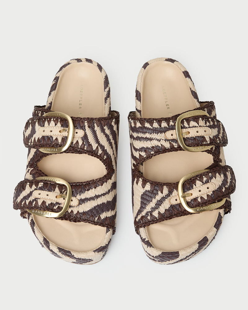 Nico Zebra Two-Band Sandal in zebra print woven cotton fabric.