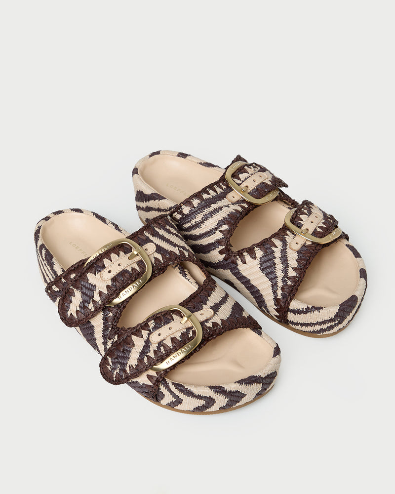 Nico Zebra Two-Band Sandal in zebra print woven cotton fabric.